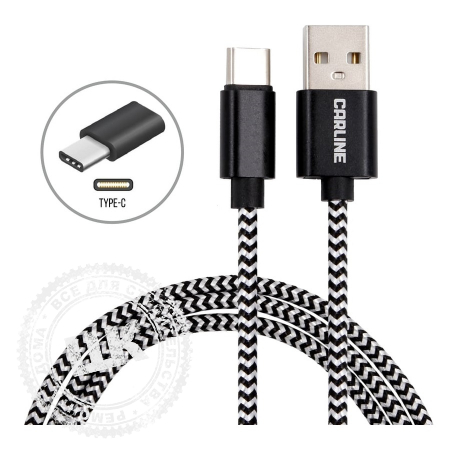 Кабель CARLINE USB/USB-TyreC 1м 2.1А ткан. оплетка